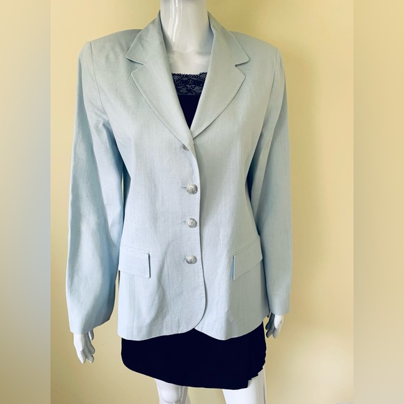 Light blue 100% linen long blazer double collar 4 front buttons 2 pockets US 10 - Picture 2 of 16